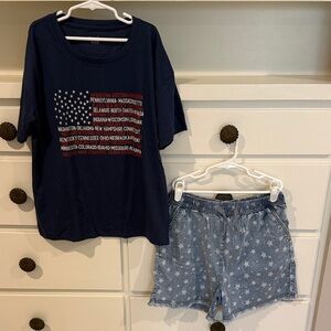 Evsie girl Navy Graphic T-Shirt and Star Denim Shorts Set like new
